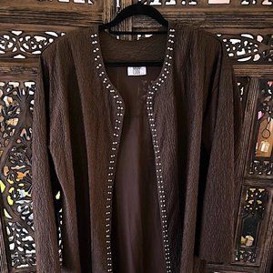FASHION CODE BROWN AND GOLD BEADED LONG SLEEVE BLOUSE WITH SHOULDER PADS LARGE